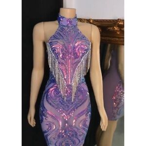 Elegant Purple Sequin Halter Dress